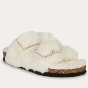 Luxurious fur pearl embellished buckled sandals